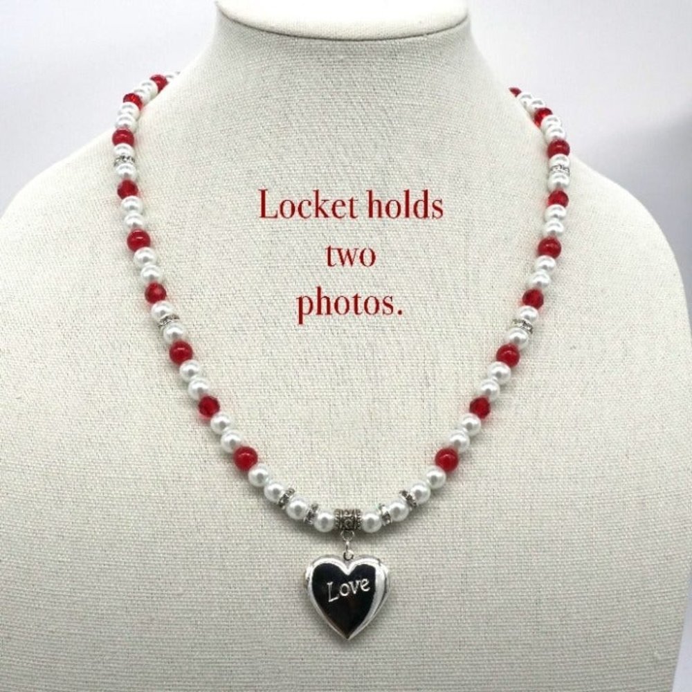 Necklace with heart locket, beads and Pearls.